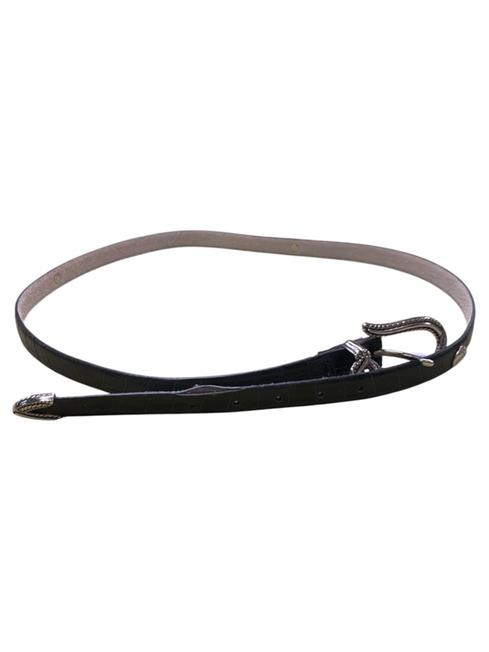 Skinny Black Leather Belt with Decorative Silver Buckle Size XL